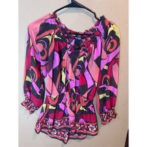 Bisou Bisou Michele Bohbot Blouse Womens Medium Pink‎ Abstract Smocked Excellent